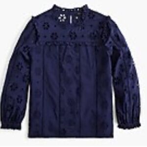 J Crew ruffle neck embroidered eyelet navy long sleeve top size M
